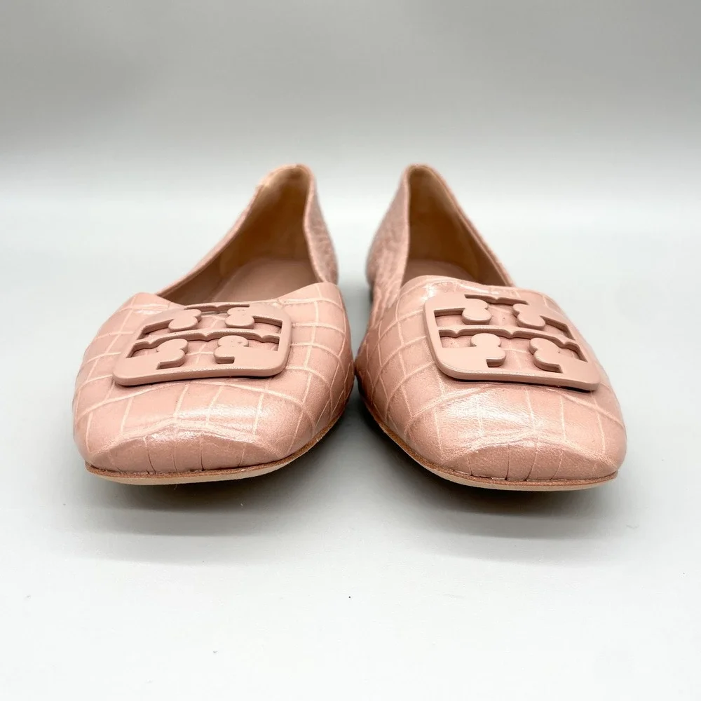 Tory Burch Georgia Ballet Flats Womens 9.5M Pink Croc Leather Square Toe Preppy